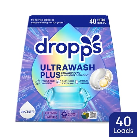 Dropps Dishwasher UltraWash Plus Detergent Pods, Biobased, Unscented, 40 Ct