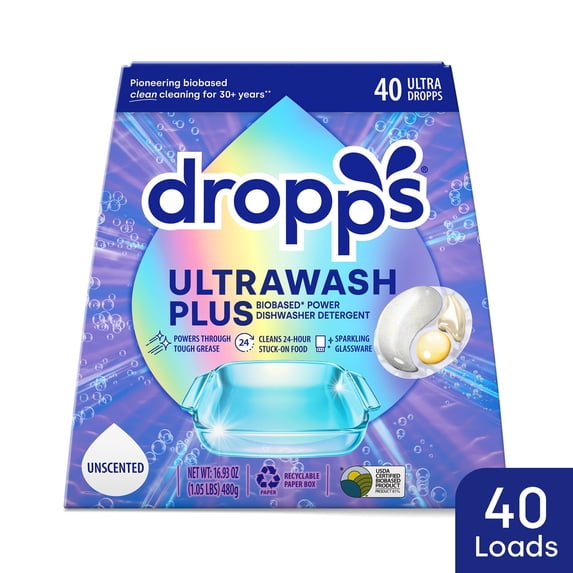 Dropps Dishwasher UltraWash Plus Detergent Pods, Biobased, Unscented, 40 Ct