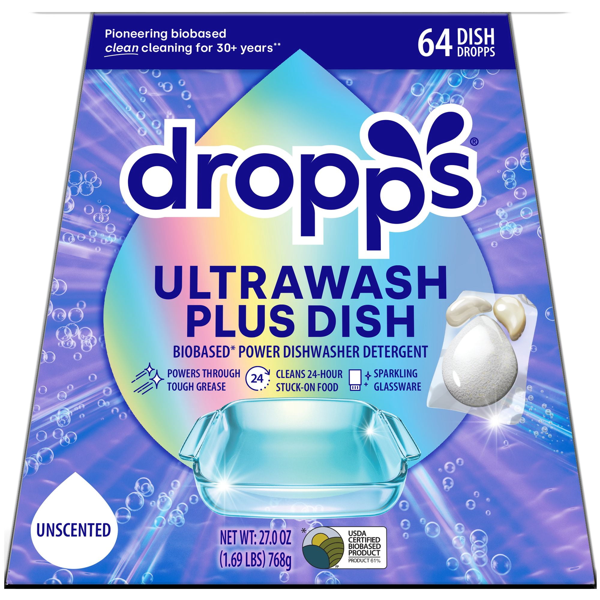 Dropps Dishwasher UltraWash Plus Detergent Pods, Biobased, Unscented, 64 Ct