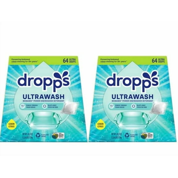 Dropps Ultrawash Biobased* Power Dishwasher Detergent Pacs, Lemon Citrus, 128-count