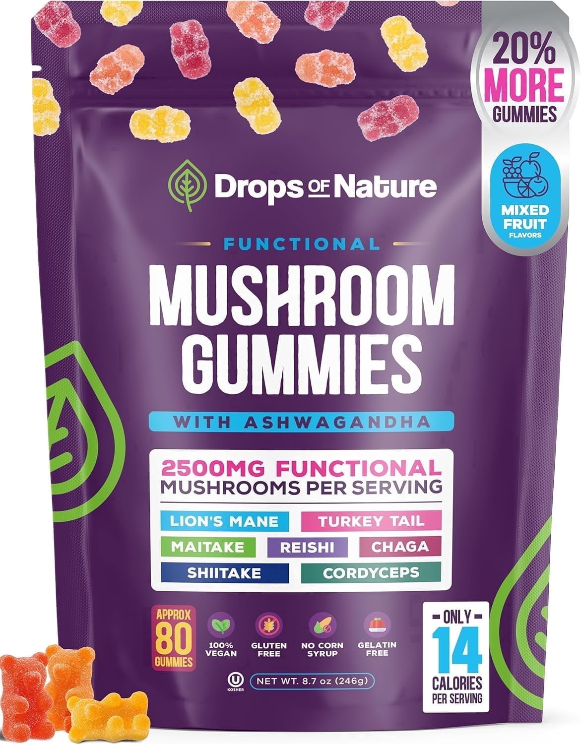 Drops of Nature Mushroom Gummies with Lion's Mane & Ashwagandha, Unisex, Mushroom Supplement, 80 Ct