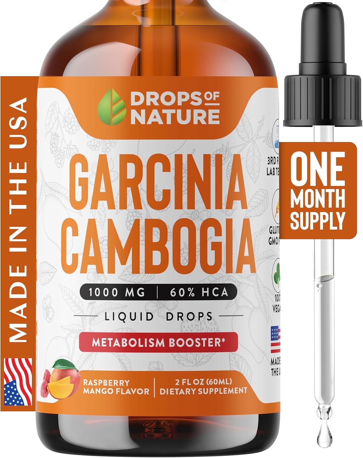 Drops of Nature Garcinia Cambogia Supplement for Weight Loss, Raspberry Mango Flavor, 2 fl oz