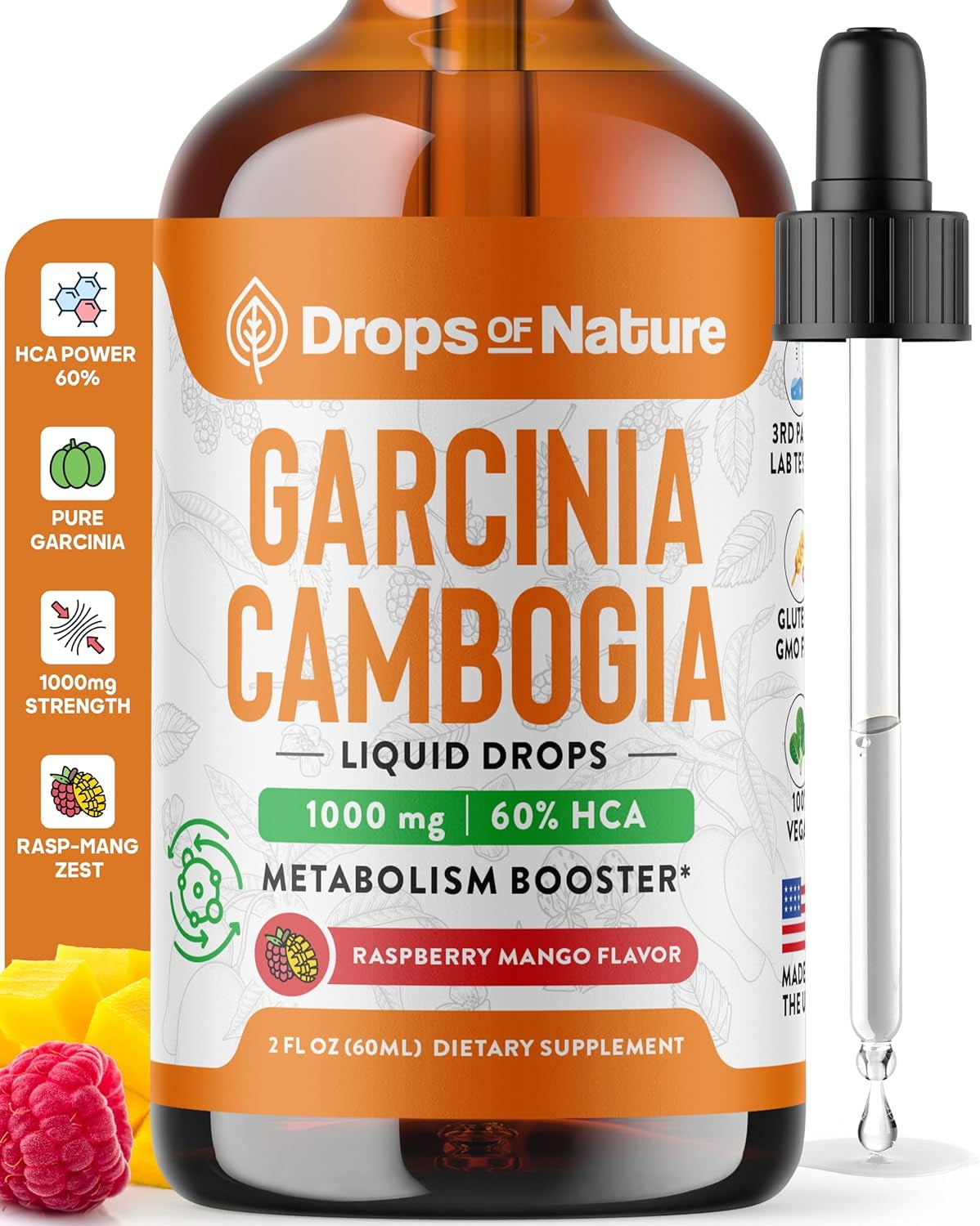 Drops of Nature Garcinia Cambogia Liquid Supplement for Weight Loss, Raspberry Mango, 2 fl oz