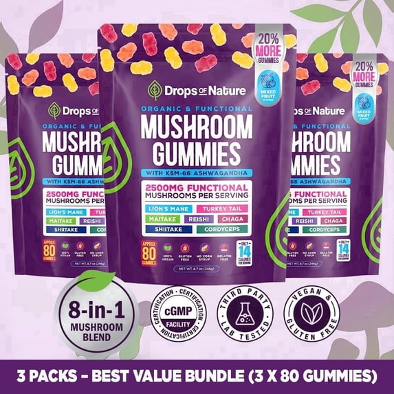 Drops of Nature Mushroom Gummies with Lion's Mane & Ashwagandha, Unisex, Mushroom Supplement, 80 Ct