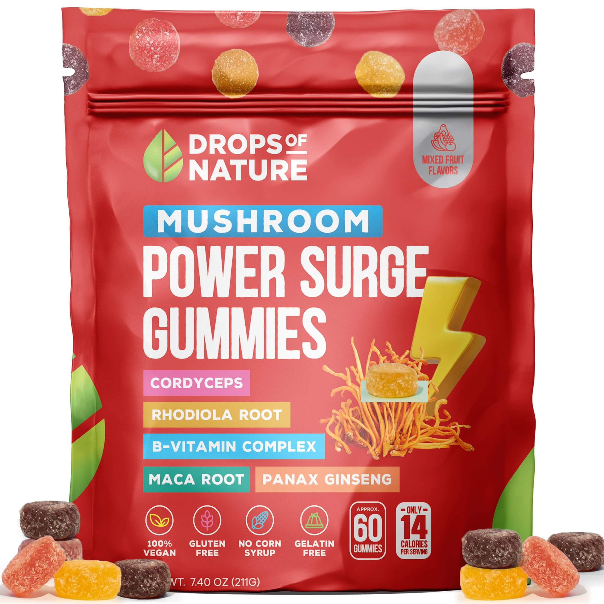 Drops of Nature Power Surge Mushroom Gummies Mushroom Blend Vegan Gummies for Energy & Wellness