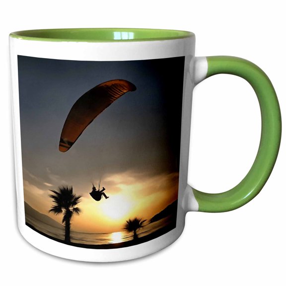 3drose, Dropzone at Dusk Adventure Paraglider Art, 11oz Two-tone Green Mug
