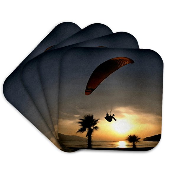 3drose, Dropzone at Dusk Adventure Paraglider Art, Set of 4 Coasters - Soft