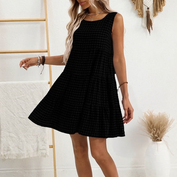 Drovellove 2026 Womens Gingham Dress Square Neck Sleeveless Plaid Mini Summer Dresses, Loose Tiered Ruffle Swing Casual Beach Vacation Summer Cover up Sundress