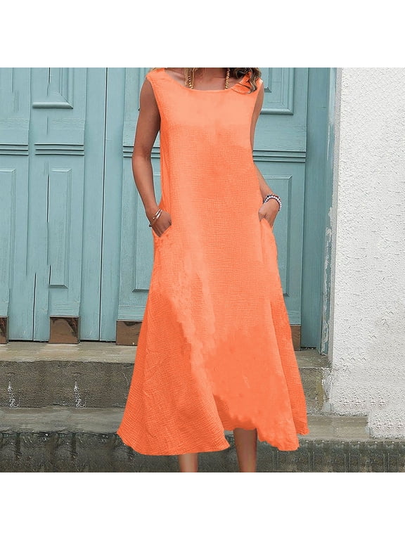 Cotton Linen Dresses for Women 2026 Sleeveless Pocket Midi Shift Dress, Round Neck Loose A-Line Linen Sundress, Casual Solid Flowy Flared Swing Skirt