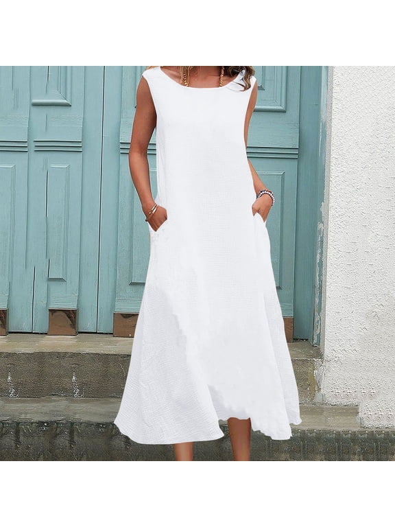 Cotton Linen Dresses for Women 2026 Sleeveless Pocket Shift Dress, Round Neck Loose A-Line Plus Size Sundress, Casual Solid Flowy Flared Swing Skirt