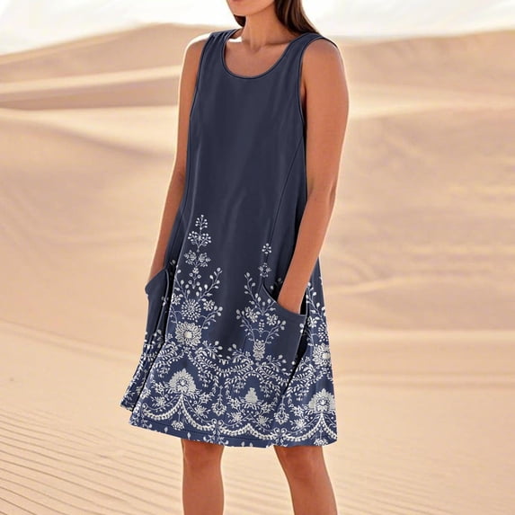 Drovellove Floral Print Mini Shift Summer Dresses for Women Sleeveless Hem, Scoop Neck Loose A-Line Pocket Cotton Linen Casual Beach Coverup Sundress with Pockets