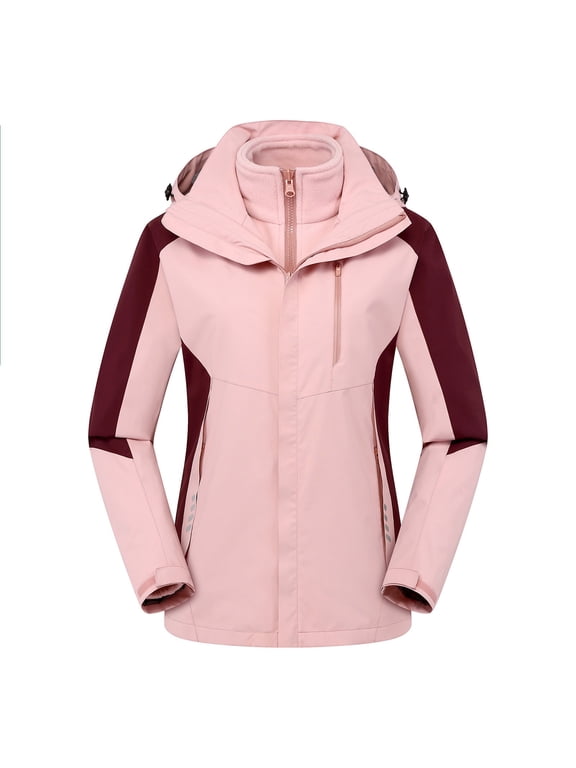 Plus Size Women's 3-in-1 Removable Sports Mountaineering Coat Windproof Hooded Jacket with Inner Layer, Long Sleeve Outdoor Trekking Shell for Cold Weather Hiking, Camping