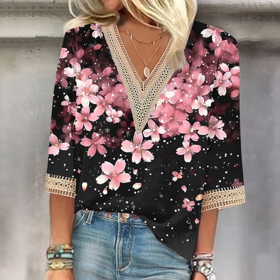 Drovellove Plus Size Women's Casual 3/4 Length Sleeve Blouse with V Neck Loose Fit Printed Top