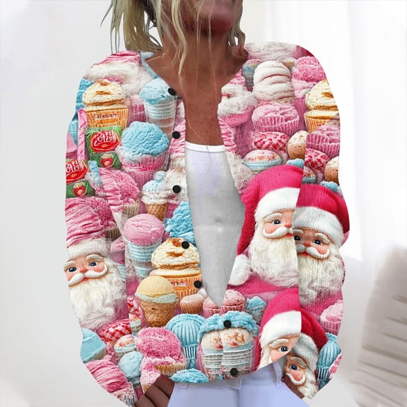 Drovellove Plus Size Women's Casual Christmas Printed Knitted Cardigan Button Up Jacket Coat – Lightweight Long Sleeve Holiday Layer for Festive Gatherings, Cozy Winter Office Wear