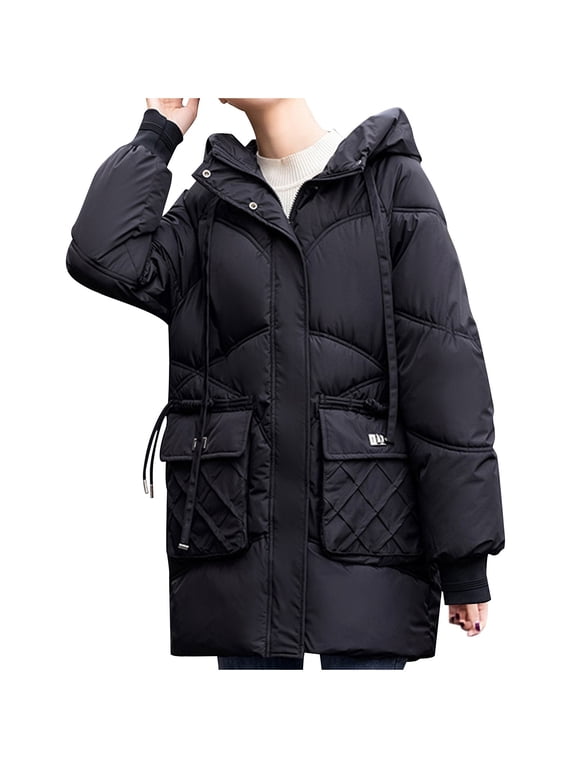 Plus Size Women's Casual Hooded Winter Coat with Waist Tie – Long Sleeve Quilted Parka Jacket for Cold Weather, Versatile Outerwear for Travel, Commuting, Shopping, or Weekend Getaways
