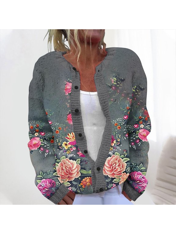 Plus Size Women's Casual Knitted Cardigan with Floral Print – Long Sleeve Button Up Jacket Top, Lightweight Soft Layer for Winter, Spring, Work, School, Holidays, Dates, Street Style