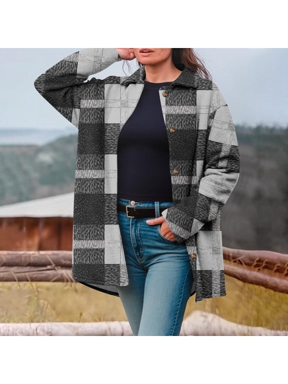 Plus Size Women's Casual Winter Jacket – Loose Fit Button Down Long Sleeve Coat with Collar, Printed Polyester Topper for Daily Wear, Work, or Party