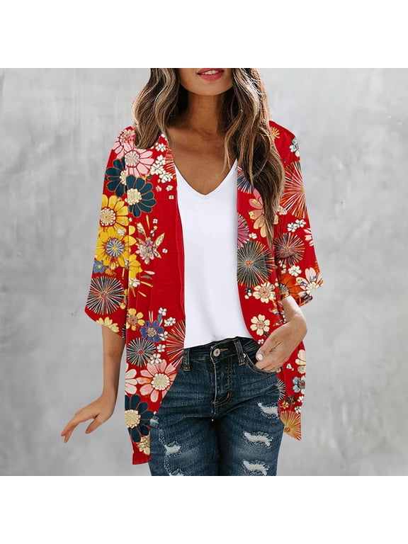 Plus Size Women's Chiffon Cardigan Print Coat Long Sleeve Duster | Lightweight Sheer Kimono Cover Up for Spring Summer | Floral Patterned Topper for Holiday Parties, Vacation Layering