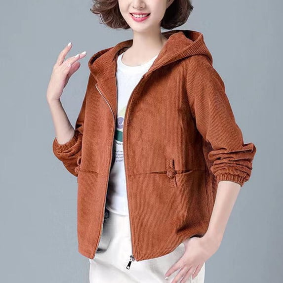 Drovellove Plus Size Women's Corduroy Jacket Long Sleeve Loose Fit Hooded Coat | Casual Winter Outerwear with Full Zip Front, Soft Fleece Lined Layer for Chilly Days, Versatile Street Style Topper