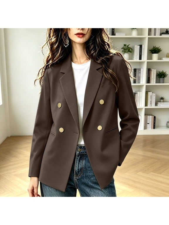 Plus Size Women's Double Breasted Blazer with Notch Lapel | Loose Fit Long Sleeve Commuter Suit Jacket with Welt Pockets, Drop Shoulder