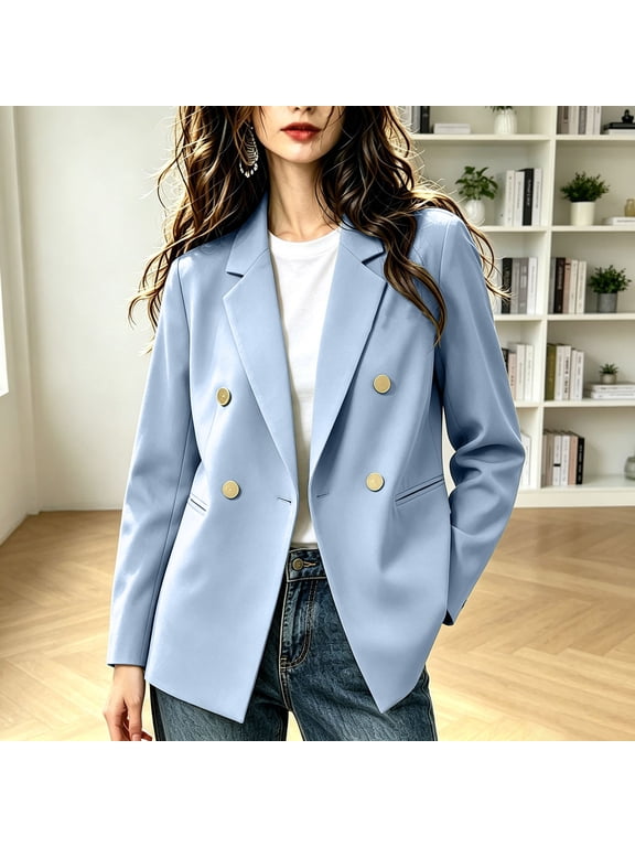 Plus Size Women's Double Breasted Blazer with Notch Lapel | Loose Fit Long Sleeve Commuter Suit Jacket with Welt Pockets, Drop Shoulder