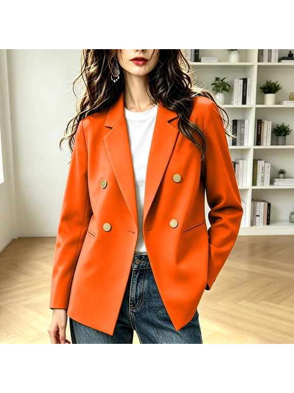 Plus Size Women's Double Breasted Blazer with Notch Lapel | Loose Fit Long Sleeve Commuter Suit Jacket with Welt Pockets, Drop Shoulder