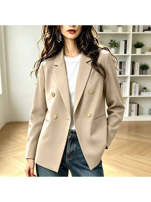 Plus Size Women's Double Breasted Blazer with Notch Lapel | Loose Fit Long Sleeve Commuter Suit Jacket with Welt Pockets, Drop Shoulder
