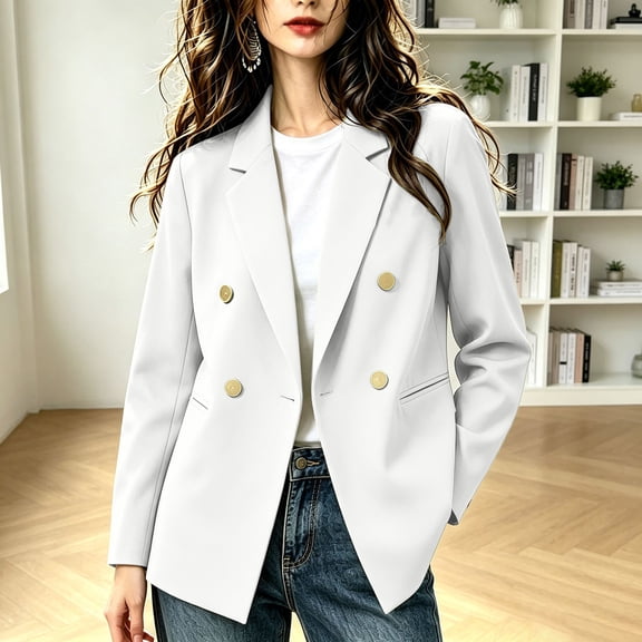 Drovellove Plus Size Women's Double Breasted Blazer with Notch Lapel | Loose Fit Long Sleeve Commuter Suit Jacket with Welt Pockets, Drop Shoulder