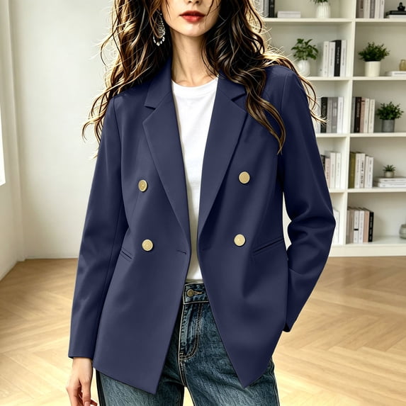 Drovellove Plus Size Women's Double Breasted Blazer with Notch Lapel | Loose Fit Long Sleeve Commuter Suit Jacket with Welt Pockets, Drop Shoulder