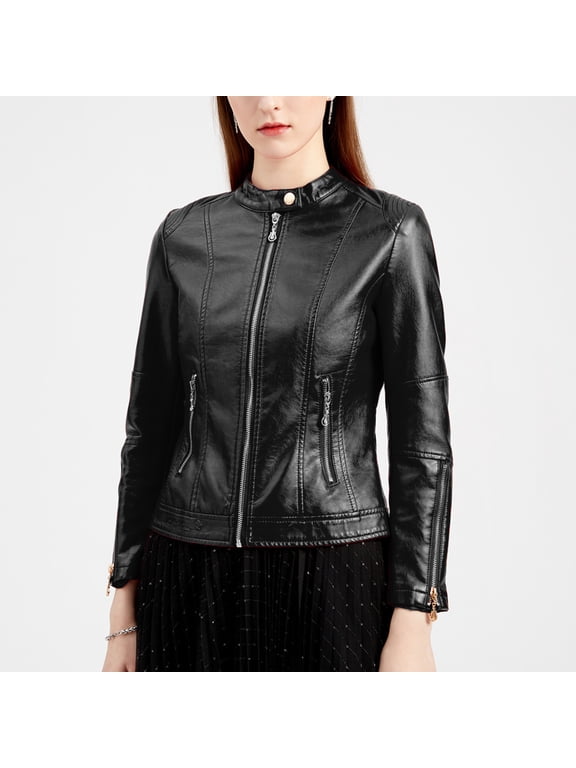 Plus Size Women's Faux Leather Turtleneck Jacket with Pockets | Long Sleeve Open Front Coat for Going Out, Date Night, or Office