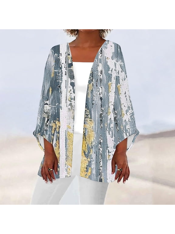 Plus Size Women's Long Sleeve Cardigan Cover Up - Sheer Chiffon Loose Fit Open Front Duster for Spring Summer Fall, Lightweight Casual Topper for Beach Vacation, Party Night