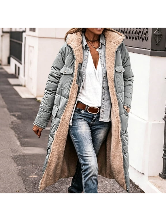 Plus Size Women's Long Sleeve Cotton Jacket with Pockets – Loose Fit Winter Coat, Reversible Style, Solid Color Casual Outerwear for Outdoor Errands, Weekend Getaways