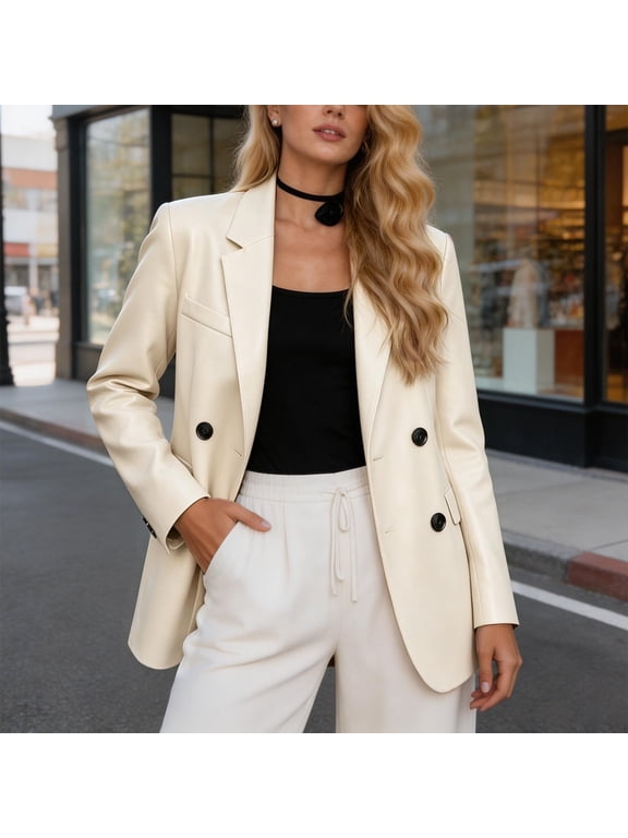 Plus Size Women's Long Sleeve Faux Leather Moto Jacket | Quilted Biker Blazer for Commute, Office, or Night Out
