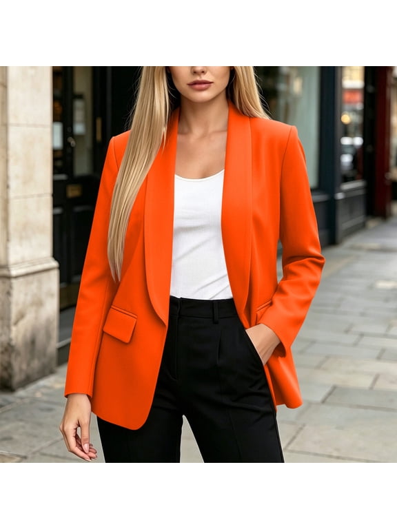Plus Size Women's Long Sleeve Lapel Blazer with Open Front and Pockets | Casual Workwear Coat with Turn Down Collar – Stretch Knit Office Cardigan Jacket for Daily Commute