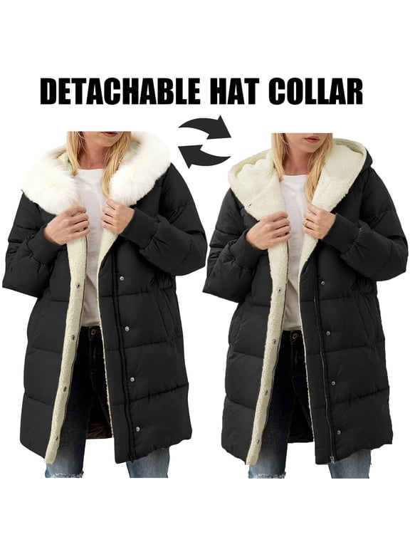 Plus Size Women's Long Winter Coat with Detachable Hooded Collar, 100% Polyester Zip Up Jacket, Casual Solid Overcoat for Cold Weather, Everyday City Wear & Weekend Getaways