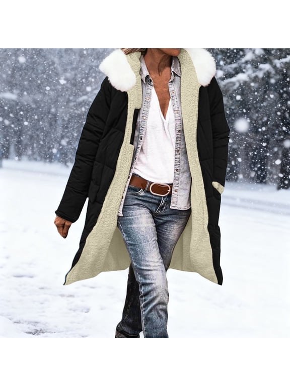 Plus Size Women's Long Winter Coat with Hooded Detachable Collar, Casual V Neck Jacket with Pockets, Versatile Solid Outerwear for Travel, Commute, or Weekend Getaways