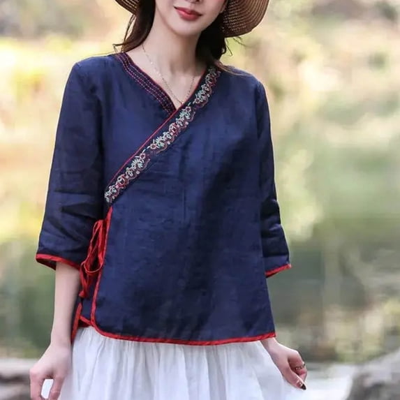 Drovellove Plus Size Women's Oversized V Neck Hooded 3/4 Length Sleeve Tee - Casual Cotton Linen Top for Summer Outings