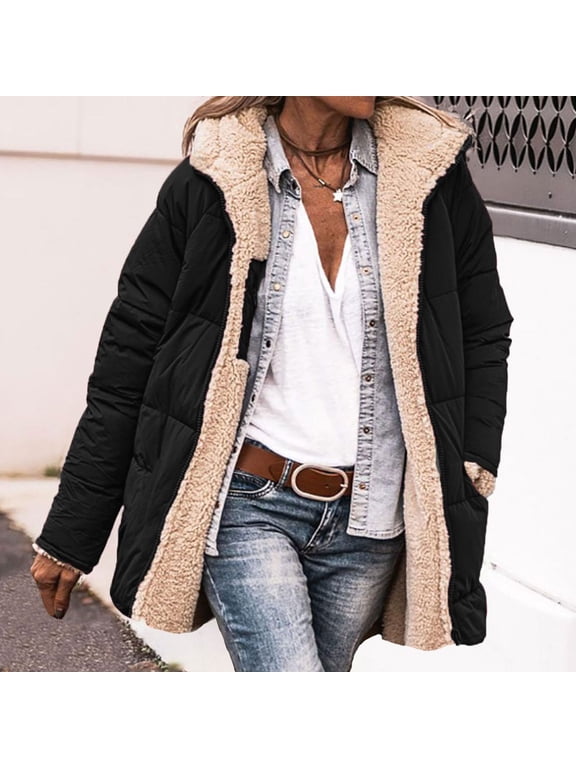 Plus Size Women's Reversible Cotton Hooded Coat with Pockets – Loose Fit Casual Jacket, Zippered Short Toggle Style, Solid Color Winter Outerwear for Outdoor Errands, Weekend Walks