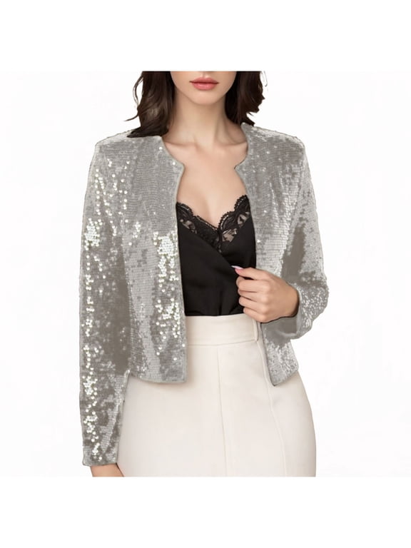 Plus Size Women's Sequin Cropped Blazer – Round Neck Long Sleeve Open Front Party Jacket with Full Sparkle Coverage, Versatile Glam Topper for Cocktail Events, Weddings, Date Nights