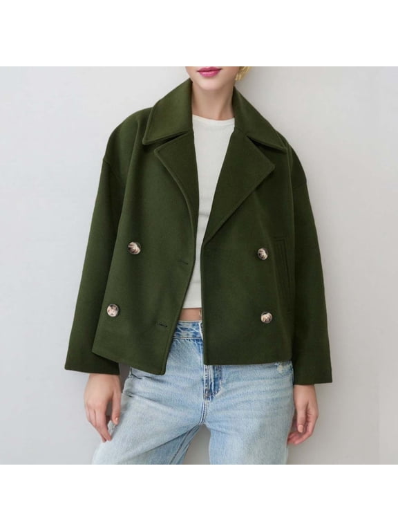 Plus Size Women's Wool Blend Lapel Jacket Long Sleeve Button Front Blazer with Pockets - Casual Fall Coat for Work, Weekend Brunch, or Evening Out