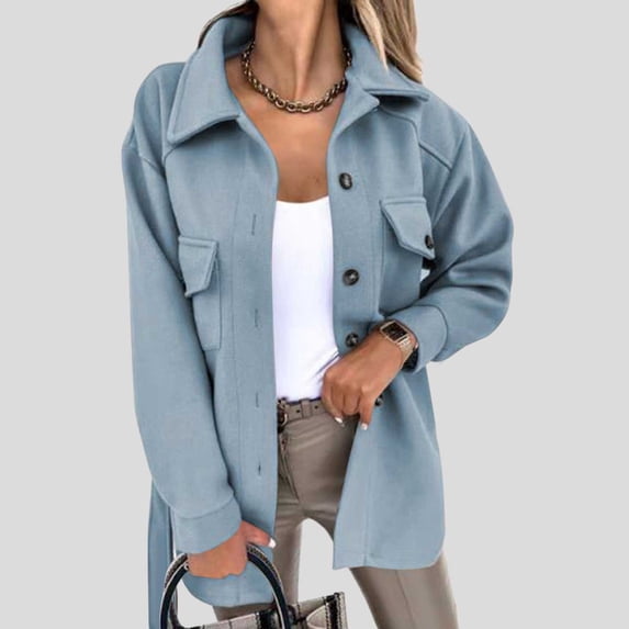 Drovellove Plus Size Women's Woolen Coat with Lapel Collar and Long Sleeves – Button Front, Lace Up Detail, Pockets, Casual Fashion Outerwear for Fall Winter, Work, Travel, and Shopping