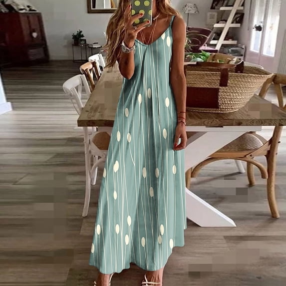 Drovellove Polka Dot Dress for Women Summer Sleeveless Spaghetti Strap Stripe Print V Neck Beach Casual Daily Vacation Sundress Cruise Boho Solid Color Maxi Dresses