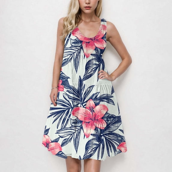 Drovellove Tropical Floral Print Sleeveless Midi Pleated Dress for Women, U Neck Loose Flowy Chiffon Casual Summer Sundress Beach Cake Dress