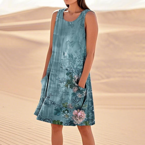 Drovellove Vintage Floral Print Summer Dresses for for Women Cotton Linen Scoop Neck Sleeveless Mini Shift Loose Flowy Vacation Sundress with Pockets