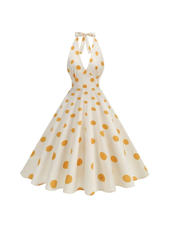 Vintage Polka Dot 1950s Rockabilly Halter Dress for Women Retro Floral Evening Cocktail Swing Dress Tie Back V Neck High Waist a Line Sleeveless Midi Smocked Fit and Flare Sundress