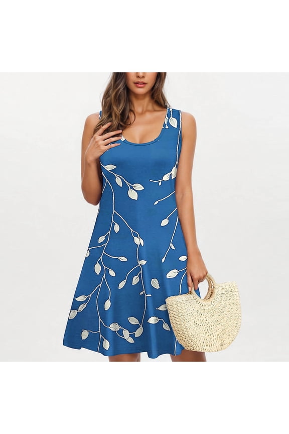 Women Solid Color Base White Branch Print Sleeveless Tank Midi Dress, Scoop Neck Loose Fit Flowy a Line Casual Sundress with Pockets Daily Beach Swim Coverup