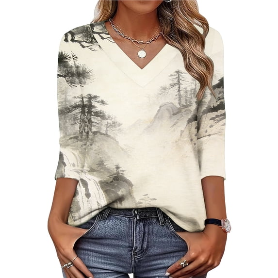 Drovellove Women's 3/4 Sleeve V Neck Printed Tunic Blouse - Loose Fit Casual Pullover Top for Home, Work, or Relaxed Weekends
