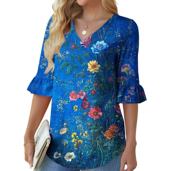 Drovellove Women's Casual Blouse with Ruffled 3/4 Sleeve – Soft Breathable Top for Spring and Summer, Pairs with Jeans or Tights for Daily Trips, Commuting, or Holiday Parties