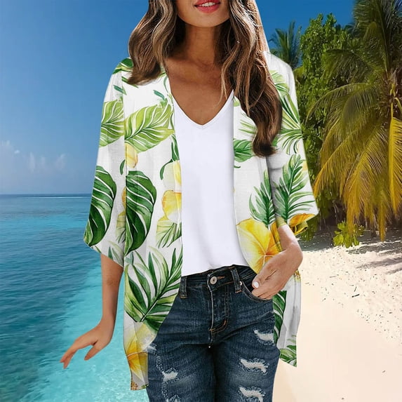 Drovellove Women's Casual Chiffon Long Sleeve Cardigan | Lightweight Beach Cover Up with Tropical Print, Flowy Open Front Duster for Vacation, Summer Travel, or Relaxed Office Days