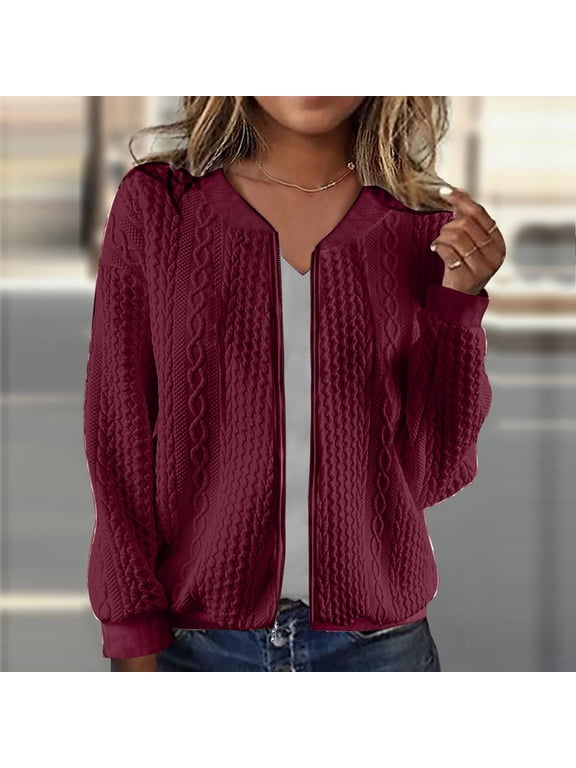 Women's Casual Knitted Zip Up Sweater Jacket – Long Sleeve Cropped Cardigan with Solid Pattern, 100% Polyester, Lightweight Layer for Spring, Yoga Studio Sessions, or Weekend Brunch